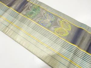 縞に蝶模様織り出し　名古屋帯